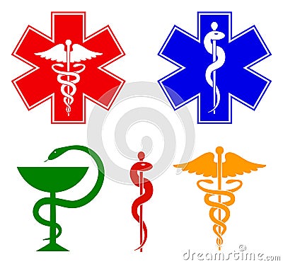 Medical international symbols set. Star of life, staff of Asclepius, caduceus, bowl with a snake. Isolated symbols on Vector Illustration