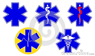 Medical international symbols set. Star of life, staff of Asclepius, caduceus, Vector Cartoon Illustration