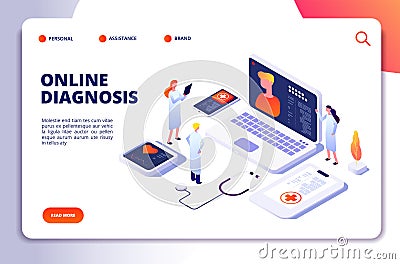 Medical isometric concept. Diagnosis with online patient and doctor, tele medicine exam. Healthcare vector landing page Vector Illustration