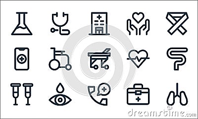 Medical items line icons. linear set. quality vector line set such as lungs, crutches, medical box, eye dropper, smartphone, heart Vector Illustration