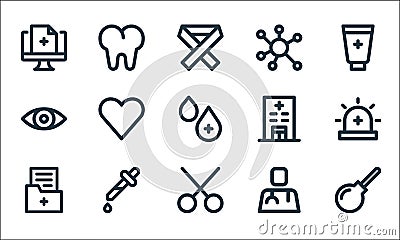 Medical items line icons. linear set. quality vector line set such as pear enema, scissors, folder, doctor, dropper, eye, hospital Vector Illustration