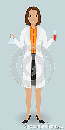 Medical laboratory assistant standing with a glassware. Medicine tester with blood sample. Vector Illustration