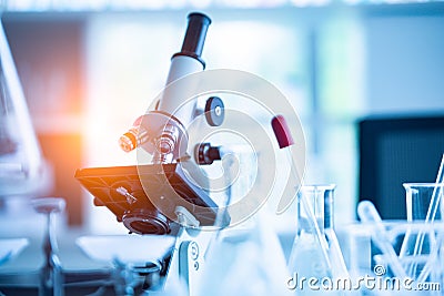 Medical laboratory microscope in chemistry biology lab test. Scientific research and development and healthcare concept background Stock Photo