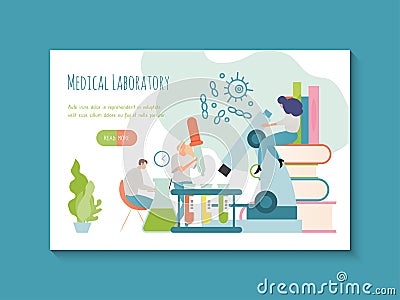 Medical laboratory vector illustration, cartoon tiny flat people working with microscope lab equipment in hospital Vector Illustration