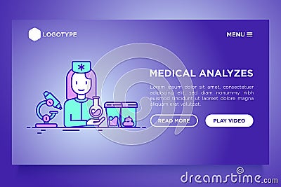 Medical laboratory website template. Nurse takes blood test, urine test, stool. Vector Illustration