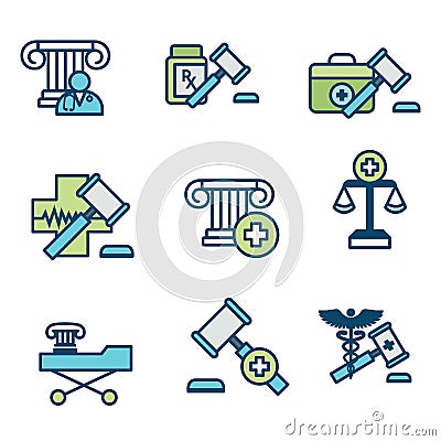 Medical Lawsuits with Pharmaceutical, negligence, & medical malpractice icon set Vector Illustration