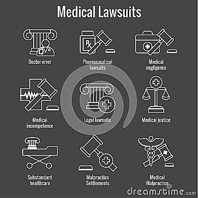 Medical Lawsuits with Pharmaceutical, negligence, & medical malpractice icon set Vector Illustration