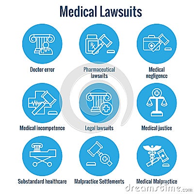 Medical Lawsuits with Pharmaceutical, negligence, & medical malp Vector Illustration
