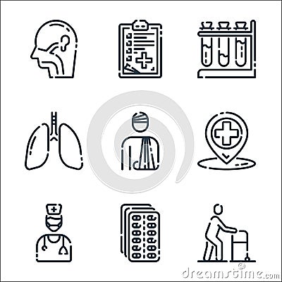 Medical line icons. linear set. quality vector line set such as old man, pills, doctor, location, injury, lungs, tubs, medical Vector Illustration