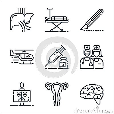 Medical line icons. linear set. quality vector line set such as brain, ovaries, radiology, team, injection, scalpel, hospital bed Vector Illustration