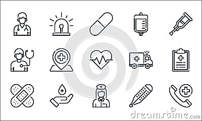 Medical line icons. linear set. quality vector line set such as emergency call, nurse, bandage, thermometer, blood donation, Vector Illustration