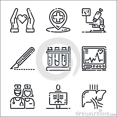 Medical line icons. linear set. quality vector line set such as liver, radiology, team, cardiogram, tubs, scalpel, microscope, Vector Illustration