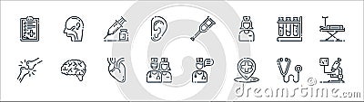 Medical line icons. linear set. quality vector line set such as microscope, location, team, bone, tubs, injection, crutches Vector Illustration