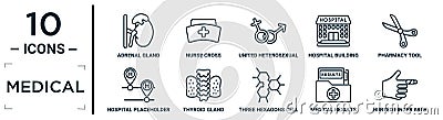 medical linear icon set. includes thin line adrenal gland, united heterosexual, pharmacy tool, thyroid gland, medical results Vector Illustration