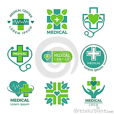 Medical logotypes. Medicine pharmacy clinic or hospital cross plus health care vector symbols design template Vector Illustration