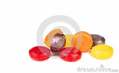 Medical lozenges for relief cough, sore throat and throat irritation isolated on white background. Cough and colds drop. Colorful Stock Photo