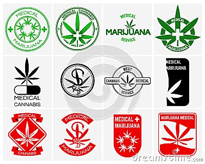 Medical marijuana or cannabis vector logos, labels and emblems set Vector Illustration