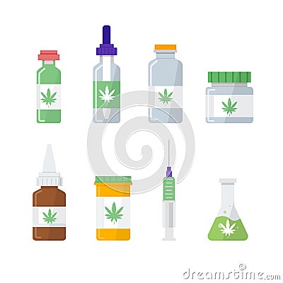 Medical marijuana, pharmacy cannabis icons set. Vector Illustration