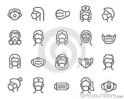 Medical Mask icons set. Editable vector stroke. Vector Illustration