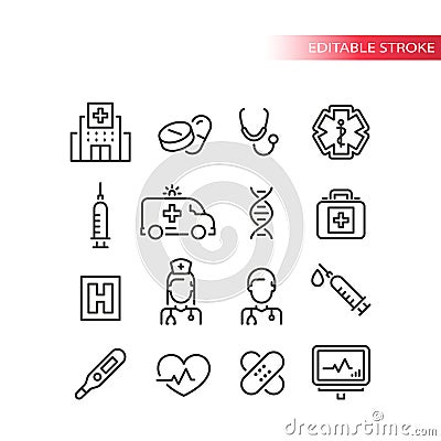 Medical or medicine line vector icon set. Hospital, nurse, doctor icons. Vector Illustration