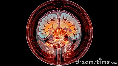 A medical, MRI image of the brain, showing a cross - section with detailed annotations. Magnetic Resonance Imaging Stock Photo