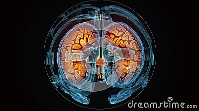 A medical, MRI image of the brain, showing a cross - section with detailed annotations. Magnetic Resonance Imaging Stock Photo