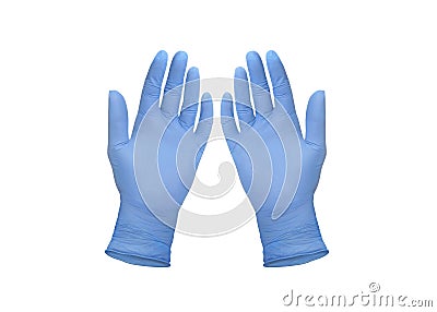 Medical nitrile gloves.Two blue surgical gloves isolated on white background with hands. Rubber glove manufacturing, human hand Stock Photo