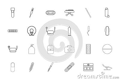 Medical objects black color set outline solid style flat vector image Vector Illustration