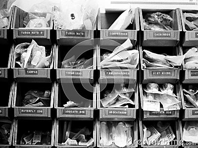 Medical objects in shelfs Stock Photo