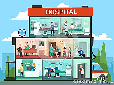 Medical office rooms. Hospital building interior, emergency clinic doctor waiting room and surgery doctors cartoon Vector Illustration