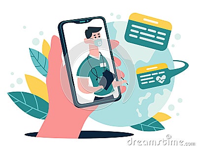 Medical online consultation. Therapist advice chat on smartphone screen, online medical internet clinic assistance Vector Illustration