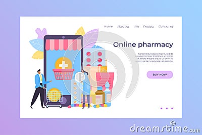 Medical online pharmacy concept, vector illustration. Medicine mobile app, smartphone flat design and internet Vector Illustration