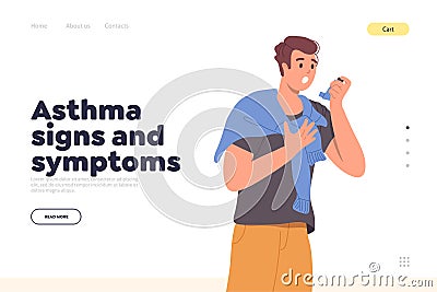 Medical online service landing page with asthma signs and symptoms, young man suffering from attack Vector Illustration