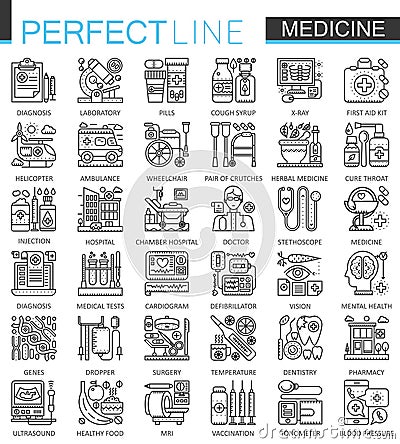 Medical outline concept symbols. Perfect thin line stroke icons. Healthcare modern linear style illustrations set. Vector Illustration