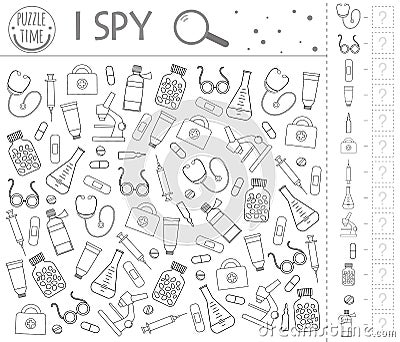 Medical outline I spy game for kids. Healthcare themed searching and coloring activity for preschool children with cute elements. Vector Illustration