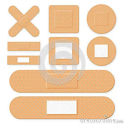 Medical patch, adhesive bandage. Set of elastic medical plasters in different shapes. Realistic first aid band plasters Vector Illustration