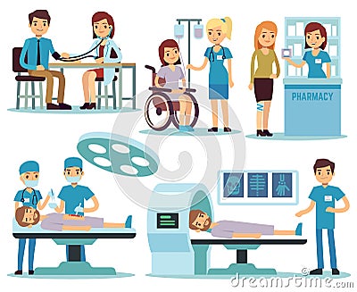 Medical patient and doctors in medical activity vector set Vector Illustration