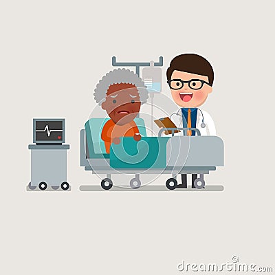 Medical patient grandma being treated by an expert doctor. Vector Illustration