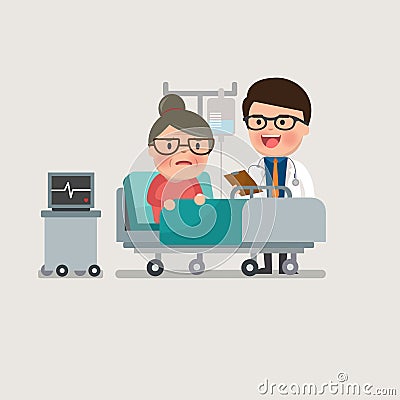 Medical patient grandma being treated by an expert doctor. Vector Illustration