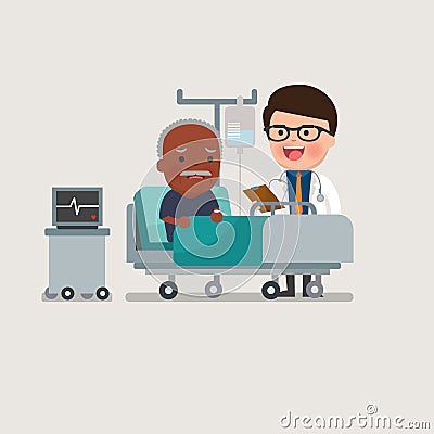 Medical patient grandpa being treated by an expert doctor. Vector Illustration