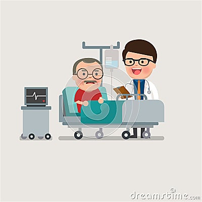 Medical patient grandpa being treated by an expert doctor. Vector Illustration