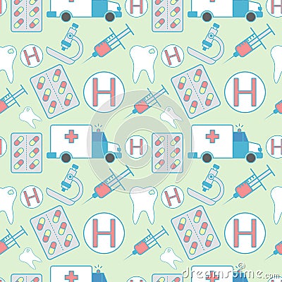 medical pattern with color elements of ambulance, pills, hospital sign, syringe, tooth and microscope Vector Illustration