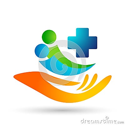 Medical people hand care cross globe family health concept logo icon element sign on white background Cartoon Illustration