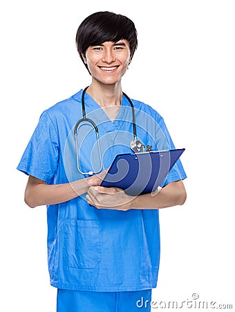 Medical person with clipboard Stock Photo