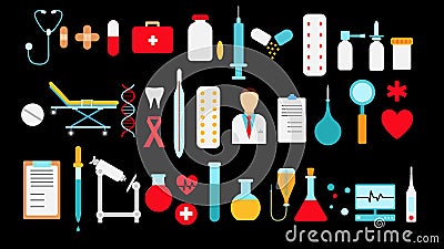 Medical pharmaceutical big set of medical items, equipment, icons on a black background: pills thermometers capsules flasks Vector Illustration