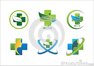 Medical pharmaceutical health logo wellness people green leaf healthy symbol set vector design Vector Illustration