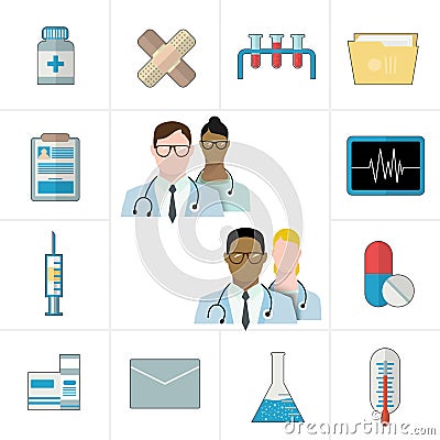 Medical and pharmaceutical or pharma icons. Thermometer, tablets and pills, drug, cardiogram, syringe, folder and documents. Vector Illustration