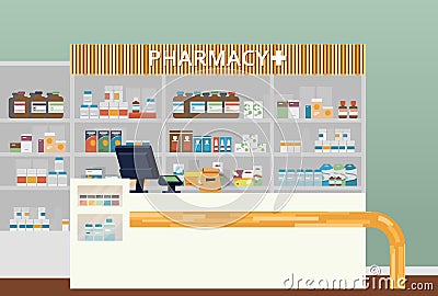 Medical pharmacy or drugstore interior design. Chemist or apothecary, dispensary and clinical, ambulatory or community Vector Illustration