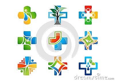 Medical pharmacy logo, health medicine plus icons, set of symbol natural herb vector design Vector Illustration