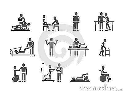 Medical physical therapy and people rehabilitation treatment black silhouette vector icons Vector Illustration